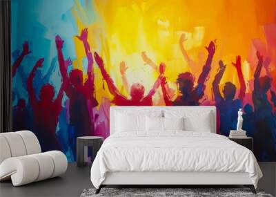 Design a minimalist artwork of jubilant crowds. Show a group of people dancing and celebrating, with simple silhouettes and vibrant colors. Use a dynamic composition to convey movement and energy. Wall mural