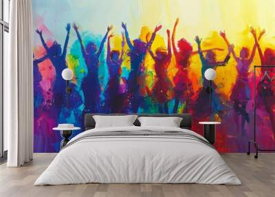 Design a minimalist artwork of jubilant crowds. Show a group of people dancing and celebrating, with simple silhouettes and vibrant colors. Use a dynamic composition to convey movement and energy. Wall mural