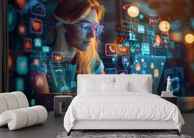 Digital Engagement: Social Media Manager in Interactive Workspace Wall mural