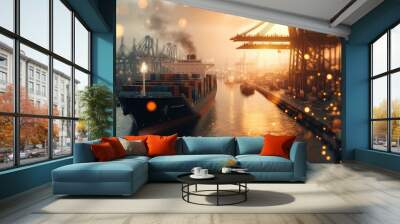 Golden Hour at the Global Trade Hub: A Cargo Ship's Journey Wall mural