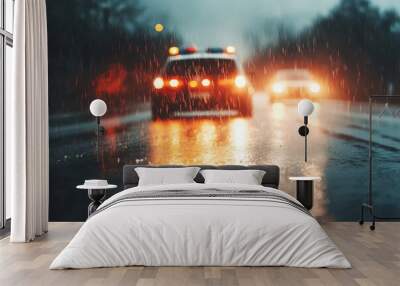 Police Lights Flashing in the Rain at Night Wall mural