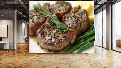 Succulent Grilled Lamb Chops Infused with Rosemary and Garlic Served with Fresh Green Beans on a Plate Wall mural