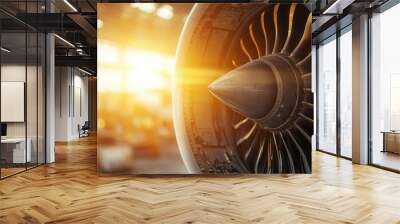 Technician Inspecting Airplane Engine in Aviation Workshop Wall mural