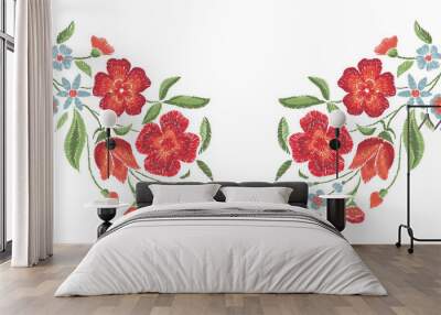 Embroidered flowers on a white background. Vector floral print. Wall mural