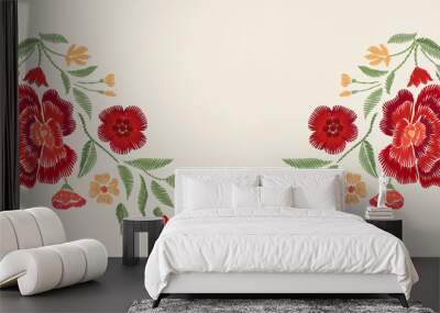 Embroidered red  flowers. Vector floral print. Wall mural