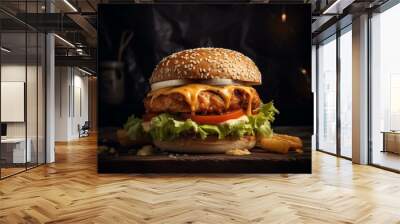 A large burger with cheddar cheese and a chicken cutlet. Generative AI Wall mural