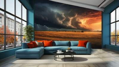 A dramatic thunderstorm over a prairie, with lightning in the distance and dark, ominous clouds. Wall mural