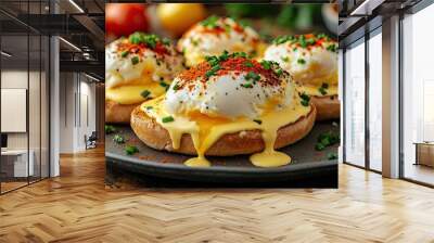 A plate of eggs Benedict topped with paprika and chives, and including runny poached eggs with hollandaise sauce Wall mural