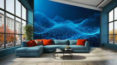 Abstract blue tech background with digital waves, network system with artificial neural connections and cyber quantum computing Wall mural