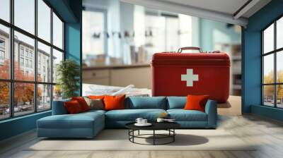 Landscape shot of a first aid kit in a school nurse's office Wall mural