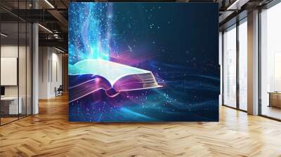 An e-learning concept in a digital futuristic style, featuring a beam of light emerging from an open book. Vector illustration set against a dark night background. Wall mural