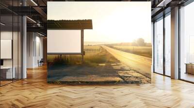 Countryside bus stop vertical billboard, sunny road, fields. Wall mural