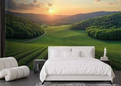 Farm scenery, fields of crops, picturesque countryside, and rural roads. Horizontal banner, photorealistic aerial drone, illustration of nature. Wall mural