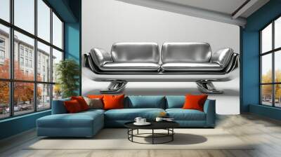 Futuristic silver gray couch in a minimalist setting, showcasing sleek design on a blank background. Wall mural