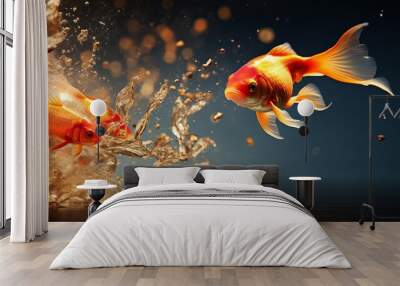 Goldfish with shark fin swim in green water and red sky, Gold fish with shark flip . Mixed media Wall mural