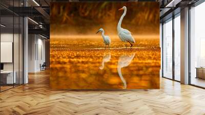 The Egrets in  morning with reflection in water  Wall mural