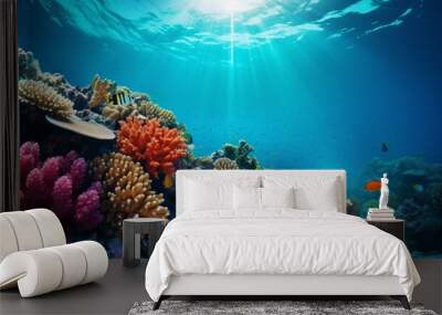 Underwater coral reef landscape wide panorama background  in the deep blue ocean with colorful fish and marine life Wall mural