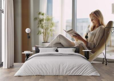 Young woman at home sitting on modern chair in front of window relaxing in her living room reading book, instagram toning Wall mural