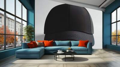 Black baseball cap with visible stitching on a plain light background, centered view Wall mural