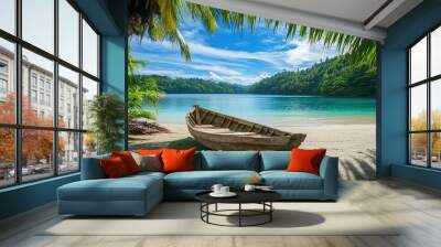 Serene tropical beach with a wooden boat resting on the sand under palm trees by clear water Wall mural