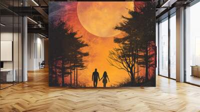 painting of a couple walking down a path at night with a full moon in the background Wall mural