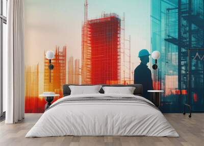 Construction worker observing urban skyline at sunset with scaffolding in background Wall mural