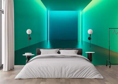 Contemporary art gallery interior illuminated by glowing teal and blue lights during evening hours Wall mural