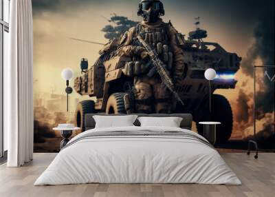 elite special forces until, undercover, full military people armor holding rifle, ready for battle, fighting, realistic, background War army vehicle, Generative AI	 Wall mural