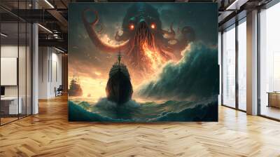 fantasy scene showing Cthulhu the giant sea monster destroying ships, Generative AI	 Wall mural