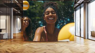 Happy Black woman and her friends refreshing themselves, joyful moment of relaxation, positive interaction with drinks, cheerful group refreshment

 Wall mural