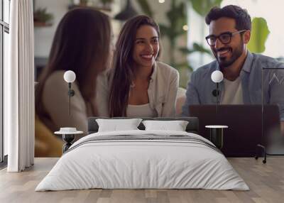 Happy Hispanic Real Estate Agent Shows House to Young Latinx Couple on Laptop Wall mural