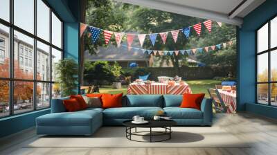 In a festive backyard setting a lively 4th of July bash, their DIY celebration brimming with creativity and camaraderie. Colorful decorations adorn the space Wall mural