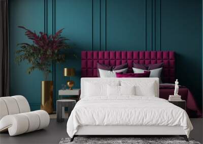 New blue color in the premium bedroom and blue navy. Painted mockup wall for art and crimson burgundy color bed, Generative AI Wall mural