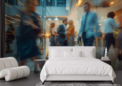 People walking in a office lobby with glass walls Wall mural