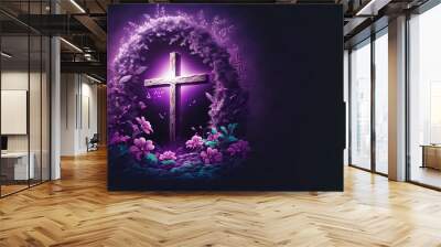 religious cross in the middle of a field with a purple background, Generative AI	 Wall mural