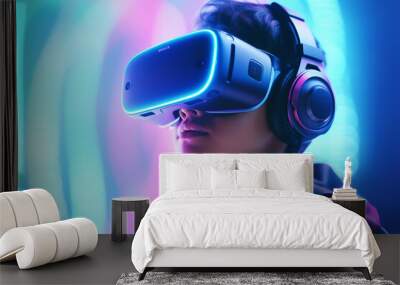 Virtual reality technology concept with young man using a headset,  Generative AI Wall mural