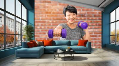 Attractive senior fitness Asian woman exercise and training. Elder exercising at home gym or fitness with dumbbells over red bricks wall background. Active older exercise and workout concept Wall mural