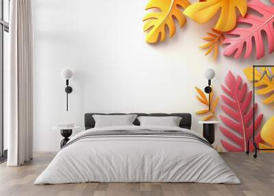 3d border frame monstera multicolored leaves on white background Wall mural