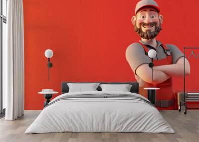 bearded man in uniform red background Wall mural