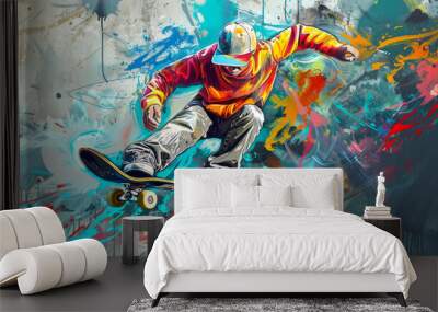 man in a cap on a skateboard graffiti style on a gray wall Wall mural