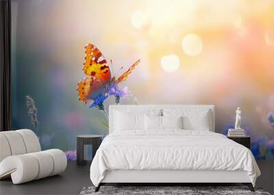 Beautiful butterfly fly rest over flowers with snow mountain at sunset Wall mural