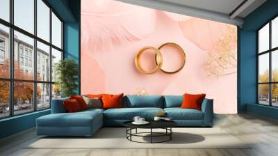 elegant love background - two golden rings and decorations Wall mural