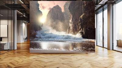 Fantastic big rocks and ocean waves at sundown time. Dramatic Wall mural