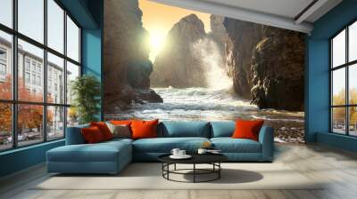 Fantastic big rocks and ocean waves at sundown time Wall mural