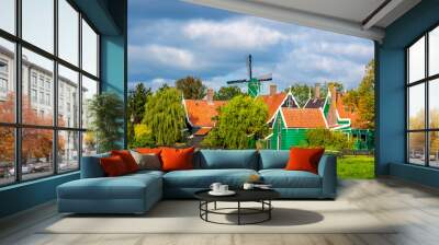 Panoramia of the Dutch village Zaanse Schans near Amsterdam. Typical Dutch green houses and windmills. Wall mural