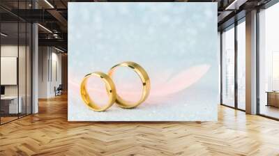 Sparkling Wedding Card - Two Wedding Rings and Light Angel Feath Wall mural