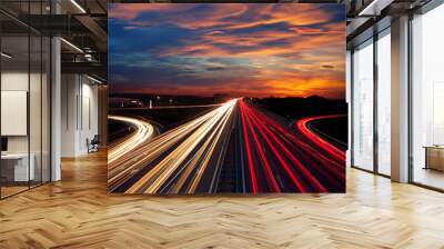 Speed Traffic at Dramatic Sundown Time - light trails Wall mural