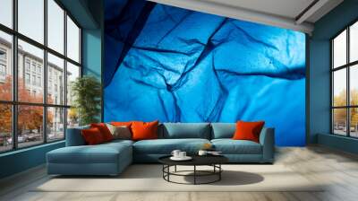 Extreme close up of blue empty plastic bag background. Wall mural