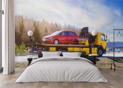 Yellow Flatbed Tow Truck Carrying Red Breakdown Car Wall mural