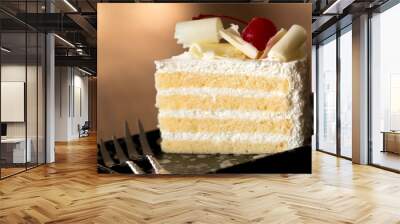 Piece of white cake with vanilla frosting and cherry jelly, topped with white cheese Wall mural